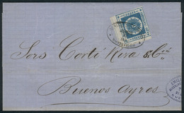 URUGUAY: 29/JUN/1863 MONTEVIDEO - Buenos Aires: Folded Cover Franked By Sc.16 (120c. Blue Thick Numerals) With Double Ov - Uruguay