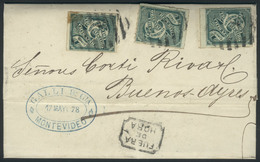 URUGUAY: 17/MAY/1878 MONTEVIDEO - Buenos Aires: Complete Folded Letter Franked By Sc.40 X3, Barred Cancel, Framed "FUERA - Uruguay