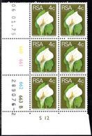 South Africa - 1975 2nd Definitive 4c Arum Lily Control Block (1975.01.06) Pane B (**) # SG 351 , Mi 450 - Blocks & Kleinbögen