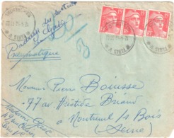 PARIS V 10 Epée De Bois Pneumatique 15 F Gandon Rouge Yv 813 Ob12 4 1950 Dest Montreuil Sous Bois - Cartas & Documentos