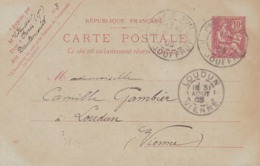 Carte Mouchon Retouché 10 C Rouge D1 Oblitérée  Repiquage Au Verso - Overprinter Postcards (before 1995)