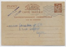 IRIS - 1941 - CP ENTIER POSTAL COMMERCIALE "AVIS DE COMMANDE" De PARIS Via CHAMBRE DE COMMERCE => LYON - 1939-44 Iris