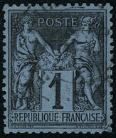 Oblitéré N° 84, 1c Noir Sur Bleu De Prusse, Dent D'angle Réparée Sinon T.B., Excellent Centrage - Other & Unclassified