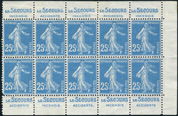 Neuf Sans Charnière N° 140f, 25c Bleu Semeuse Type II, Panneau De 10t. Avec Pubs Le Secours, Trace De Charnière En Marge - Other & Unclassified