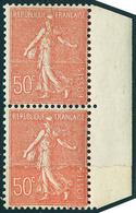 Neuf Sans Charnière N° 199, 50c Rouge Semeuse Lignée Type IIA, Paire Hor Avec Impression Sur Raccord, Bdf, T.B. Maury 19 - Other & Unclassified