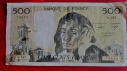 1981 .K. PASCAL Monnaies & Billets France 1962-1997 ''Francs''  500 F 1968-1993 ''Pascal'' Série : Q.137 N° 79615 - 500 F 1968-1993 ''Pascal''