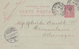 Carte Semeuse Lignée 10 C Rose A1 Oblitérée Pour L'Allemagne Repiquage Walton Compagny - Overprinter Postcards (before 1995)