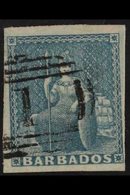 1852  (1d) Blue Britannia, SG 3, Very Fine Used With Clear To Large Margins All Round, Light "1" Barred Cancel & Good Co - Barbados (...-1966)