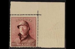 1919  10f Claret King Albert Tin Hat (COB 178, Michel 158, SG 250), Never Hinged Mint Upper Right Corner Example, Very F - Andere & Zonder Classificatie