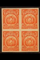 1923-7  10c Vermilion, Coat Of Arms, IMPERFORATE BLOCK OF 4, Scott 131, 3 Stamps Are Never Hinged Mint. For More Images, - Bolivie