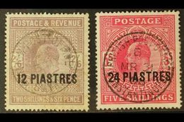 1902-05  12pi On 2s.6d Lilac, And 24pi On 5s Bright Carmine, SG 11/12, Fine Full Smyrna Or Constantinople Cds's. (2 Stam - Levant Britannique