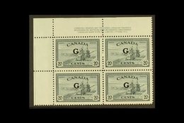 OFFICIAL  1950-52 20c Slate With "G" Overprint, SG O187, Top Left Corner PLATE BLOCK Of Four From Plate Number 1, Never  - Sonstige & Ohne Zuordnung