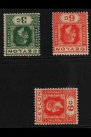 1912-25 WATERMARK VARIETIES.  3c Blue-green And 6c Pale Scarlet Watermarks Inverted And 6c Pale Scarlet Watermark Sidewa - Ceylon (...-1947)