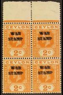 1918-19  War Stamp 2c Brown-orange With Overprint Double, SG 330b, BLOCK OF FOUR Never Hinged Mint. For More Images, Ple - Ceylan (...-1947)