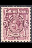 1914  5s Reddish Maroon, SG 67a, Very Fine Mint. For More Images, Please Visit Http://www.sandafayre.com/itemdetails.asp - Falkland Islands