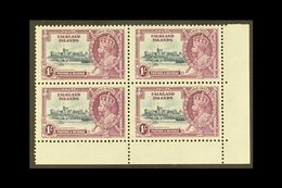 1935  1s Slate & Purple Jubilee, SG 142, Never Hinged Mint Lower Right Corner BLOCK Of 4, Very Fresh. (4 Stamps) For Mor - Falklandeilanden