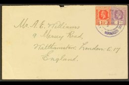 KURIA  Envelope To England Bearing KGV 1d And 1½d Tied By Double Ring Violet Cds, Date Indistinct, Opening Tears At Top. - Gilbert & Ellice Islands (...-1979)