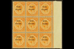 1916  1½d Orange Ovptd "War Stamp", Variety "S In Stamp Omitted", SG 71b, In Marginal Block Of 9 With Normals, Superb NH - Jamaïque (...-1961)