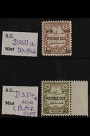 POSTAGE DUES  1952 1f On 1m Red-brown OVERPRINT DOUBLE Variety, SG D350a, And 20f On 20m Olive-green BLACK OVERPRINT Var - Jordania