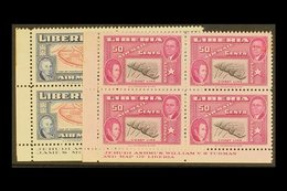 1952  25c & 50c Airmails, ERROR OF COLOUR, Corner Imprint Locks Of Four, Scott , Gum Faults On Top Two Stamps Of Each Bl - Liberia