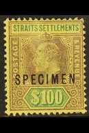 1902 - 03  $100 Purple And Green On Yellow, Overprinted "Specimen", Ed VII, SG 122s, Mint Og, Light Rub On Face. For Mor - Straits Settlements