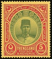 TRENGGANU  1938 $5 Green And Red On Yellow, Wmk Mult Script CA, SG 44, Very Fine Mint. Fresh & Attractive. For More Imag - Andere & Zonder Classificatie