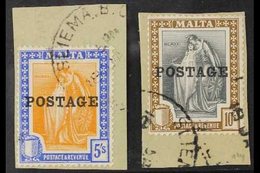1926  5s And 10s Top Values With "POSTAGE" Overprint, SG 155/156, Each Very Fine Used On Piece With "SLIEMA" Cds. (2 Sta - Malta (...-1964)