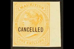 1863  1s Yellow, IMPERFORATE PROOF, "CANCELLED" Ovpt, As SG 68, On Thick, White, Ungummed Paper, Four Margins (with Shee - Mauritius (...-1967)