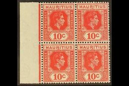 1938-49  10c Deep Reddish Rose, Marginal Block Of 4 Shows SLICED "S" AT TOP, SG 256b + 256ba, Superb Never Hinged Mint ( - Mauritius (...-1967)