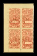 REVENUES  1884-85 1000s Carmine BLOCK OF 4 IMPERF HORIZONTALLY, Never Hinged Mint, Attractive & Very Rare. (4 Stamps) Fo - Peru