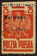 1945  3z On 25g Dull Red Typo With "Warszawa" Liberation Overprint (Michel 390 IXb, SG 516a), Very Fine Cds Used Upper M - Andere & Zonder Classificatie