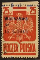 1945  3z On 25g Dull Red Typo With "Warszawa" Liberation Overprint (Michel 390 IXb, SG 516a), Very Fine Cds Used Upper M - Other & Unclassified