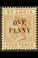 1891-92 VARIETY  One Penny On 4d Brown "Top Left Triangle Detached" Variety, SG 55e, Very Lightly Hinged Mint, A Beautif - St.Lucia (...-1978)