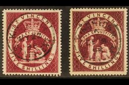 1885-93  (wmk Crown CA) 5s Both Shades, SG 53 & SG 53b, Very Fine Cds Used. (2 Stamps) For More Images, Please Visit Htt - St.Vincent (...-1979)