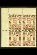 1937  £2 Brown, Geo VI, Revenue, Punched Proof, Perforated Top Left Corner Block Of 4 , Very Fine Mint. For More Images, - Southern Rhodesia (...-1964)