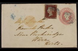 1852  (17 Apr) 1d Pink Embossed Printed Postal Stationery Envelope Uprated With 1d Red-brown Imperf. To Ware, Herts, Can - Sonstige & Ohne Zuordnung