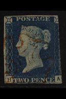 1840  2d Blue 'HA' Plate 1, SG 5, Used With Light Neat Red Maltese Cross Cancel, Three Margins, Faults, Cat £975. For Mo - Sonstige & Ohne Zuordnung