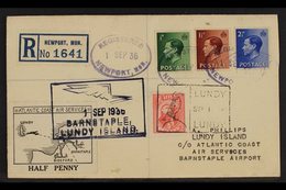 LUNDY ISLAND  1936 (1 Sep) Registered Cover Bearing Lundy ½p Atlantic Coast Air Services ½d Local Stamps Tied By "Lundy" - Andere & Zonder Classificatie