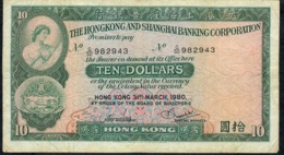 HONG-KONG P182i 10 DOLLARS 31.3.1980     #G/50    VF NO P.h. - Hongkong