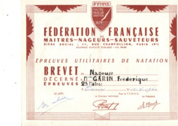 Diplome Brevet Natation, CANNES, (06), Maitres Nageurs Sauveteurs, De 1960, 25 Metres - Zwemmen