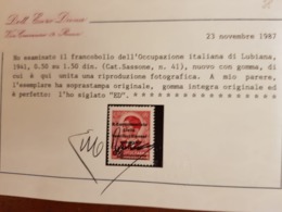 LUBIANA LJUBLJANA 1941 NUOVO VALORE IN SOPRASTAMPA R. COMMISSARIATO 0,50 Su 1,50 ROSSO MNH OTTIMA CENTRATURA CERTIFICATO - Lubiana