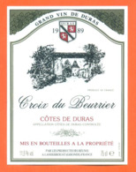 étiquette De Vin Cotes De Duras Croix De Beurrier 1989 Les Producteurs Réunis à Landerrouat - 75 Cl - Vin De Pays D'Oc