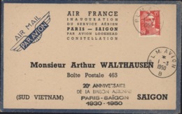 Par Avion Cachet 20e Anniversaire Liaison Aérienne Paris Saigon 1930 1950 CAD PLM Avion 1 3 1950 B Enveloppe Air France - 1960-.... Covers & Documents