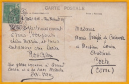 1908 - 5 C Vert Grasset YT 27 Sur CP De Saigon, Cochinchine, Indochine Vers Corte, Corse, France - Xe Keo - Lettres & Documents