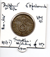DUITSLAND DERDE RIJK 2 REICHSMARK 1937D AG SWASTIKA - HINDENBURG - 2 Reichsmark