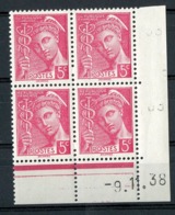 N° 406 ** (MNH). Coin Daté Du 9/11/38 / Bloc De Quatre "Mercure". - 1930-1939