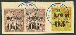 MARTINIQUE : Paire 05c S/ 4c (n°9) + 05 S/ 20c (n°11) Obl. Sur Fragment. Le N°9 Est RARISSIME En Paire (tirage = 400 Ex. - Autres & Non Classés