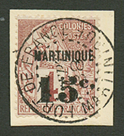 MARTINIQUE : 15c S/ 4c (n°15) Obl. Sur Fragment. Trés Rare. Cote 12 000€. Tirage 50. Certificat SCHELLER. Superbe. - Autres & Non Classés