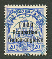 TOGO - OCCUPATION FRANCO-ANGLAISE : 20pf (n°46) Oblitéré. Cote 1300€. Timbre Rare (tirage 263 Ex.). Signé SCHELLER + Cer - Autres & Non Classés