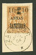 ZANZIBAR : 1F Et 10 Sur 3 S/ 30c (n°61) Obl. Sur Fragment. Cote 2300€. Signé SCHELLER. Trés RARE. Tirage 50. Superbe. - Autres & Non Classés